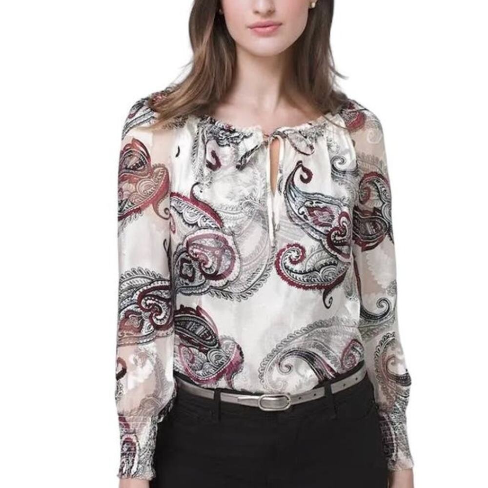 WHBM Silk Black & Red Paisley Burnout On Off Shoulder Pullover Blouse ~Womens XS